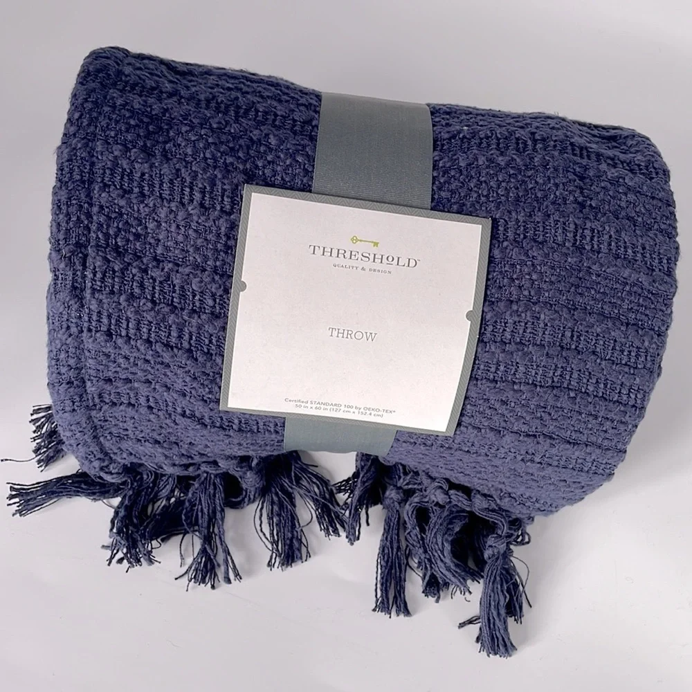 Threshold Cotton Throw Blanket Fringed Edges Navy Blue